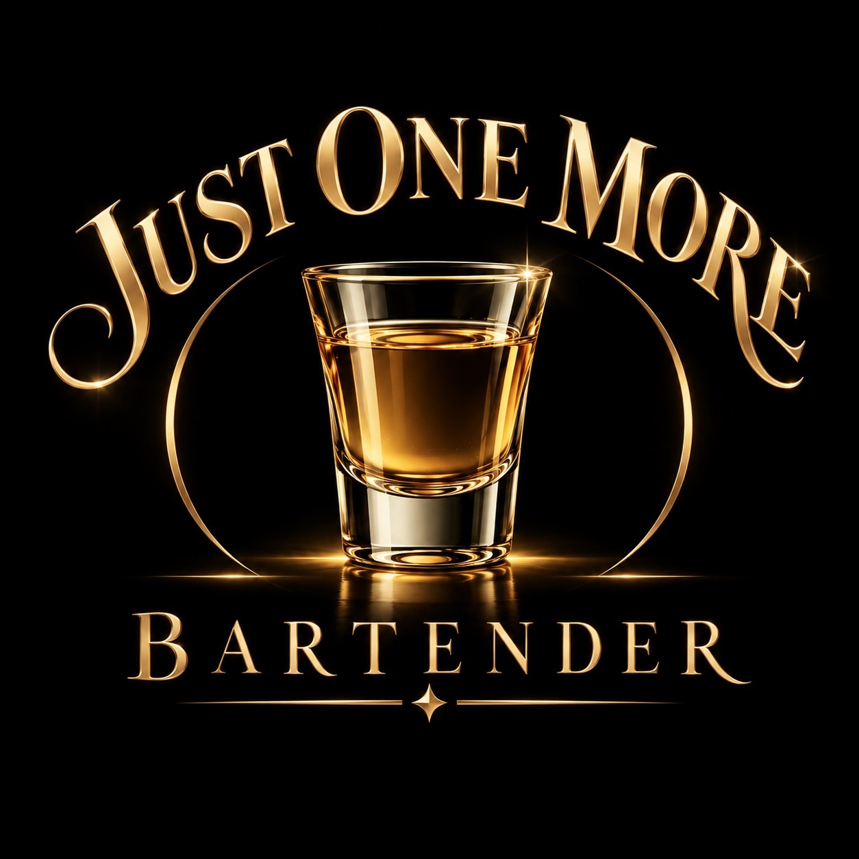 Just One More Bartender original gold shot-glass logo